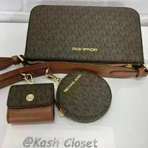 Michael Kors Crossbody Tech Attach Small Jet Set Travel MK Signature Brown - Picture 9 of 12